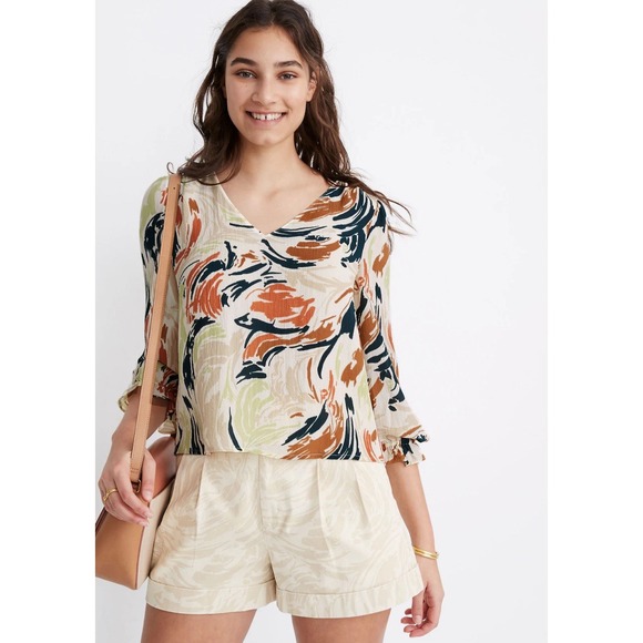 Madewell Tops - Madewell Women's Cream V-Neck Ruffle Cuff Top Brush Patterns Size Small $78